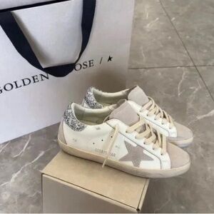 Golden Goose Cream and Silver Glitter Sneakers
